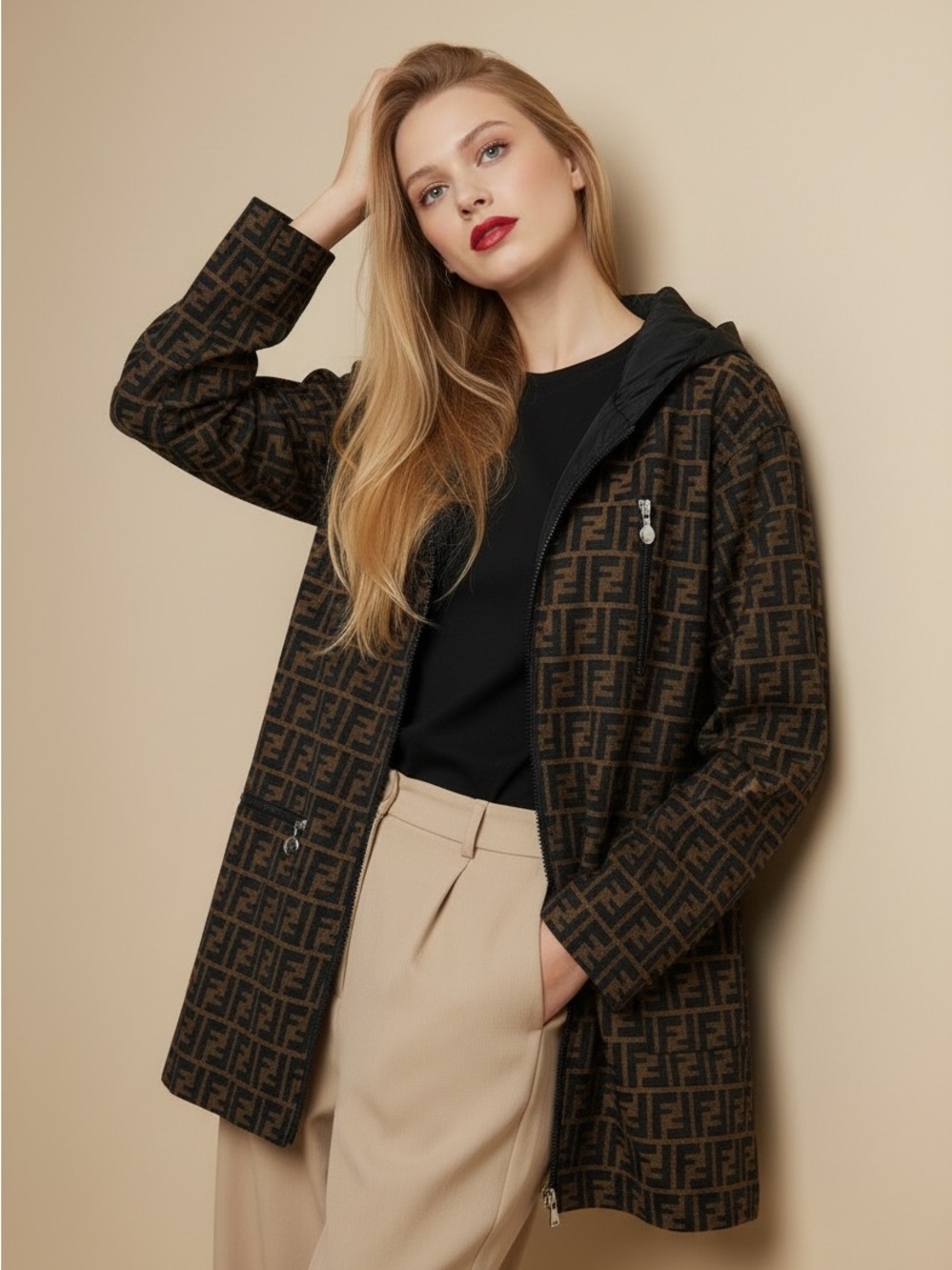 Fendi Reversible Brown and Black Monogram Hooded Coat